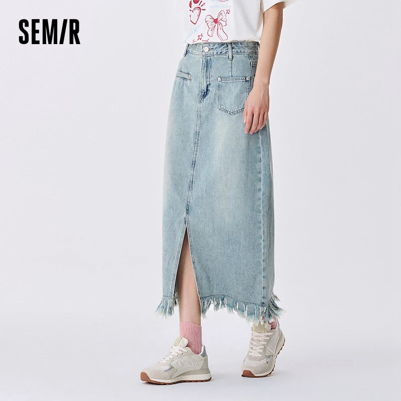 Semir Denim Skirt Women Distressed Trendy Personality Trendy Cool Autumn Street Retro Style Frayed Edge Slit Straight-Leg Skirt