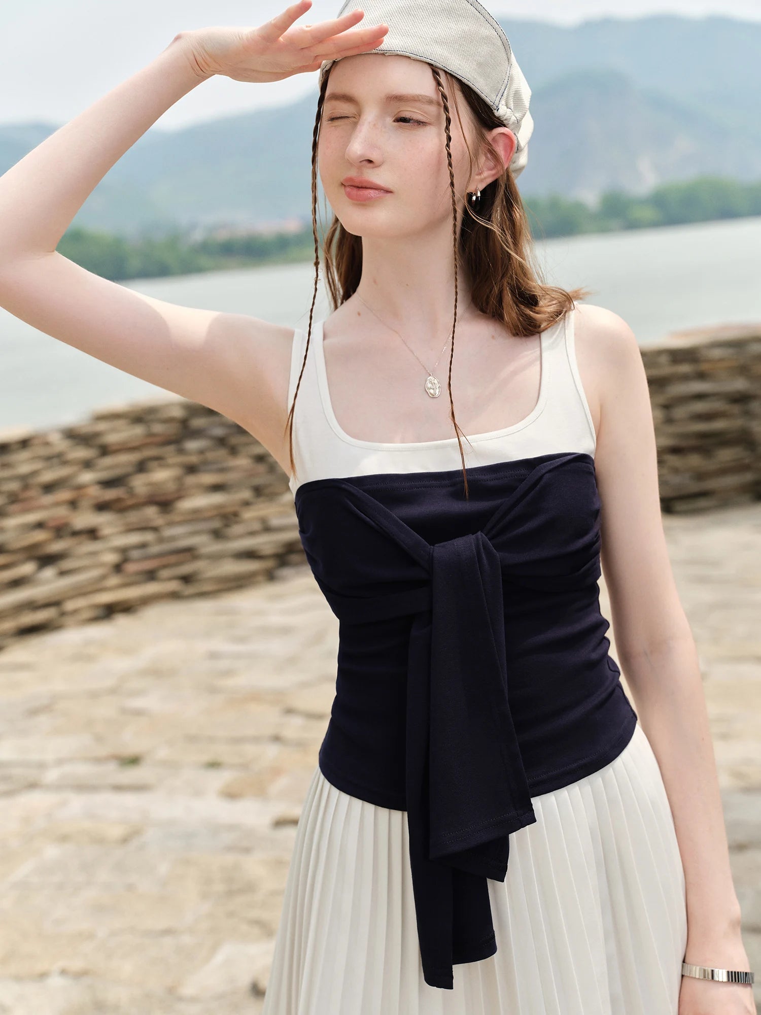 FSLE 2025 Summer Square Neck Tee - Contrast Panel Adjustable Tie Layered Look Resort to Office