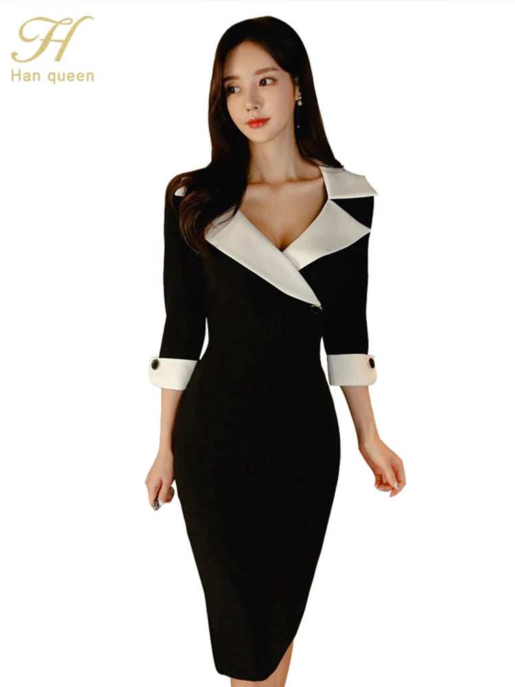 H Han Queen Women New Notched Neck Black Sheath Pencil Dress Fashion Slim Sexy OL Work Bodycon Dresses Office Business Vestidos