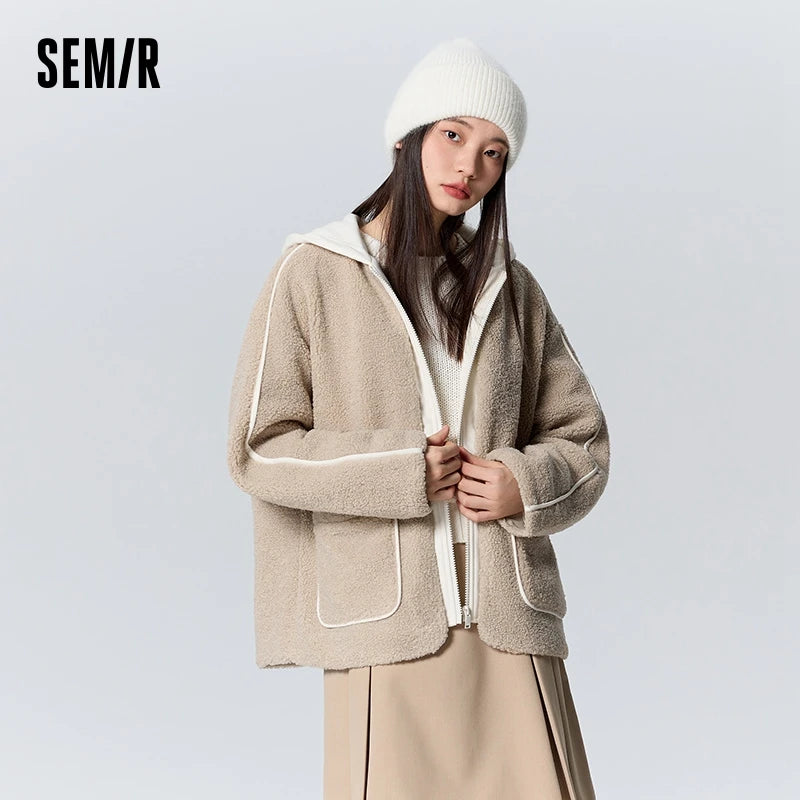 Semir Coat Women Hooded Splicing 2024 New Winter Retro Imitation Lamb Wool Loose Jacket