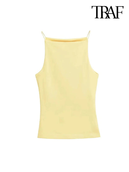 TRAF-Women's Halter Tank Tops, Sleeveless Vest, Thin Straps, Female Camis, Solid Color, Fashion