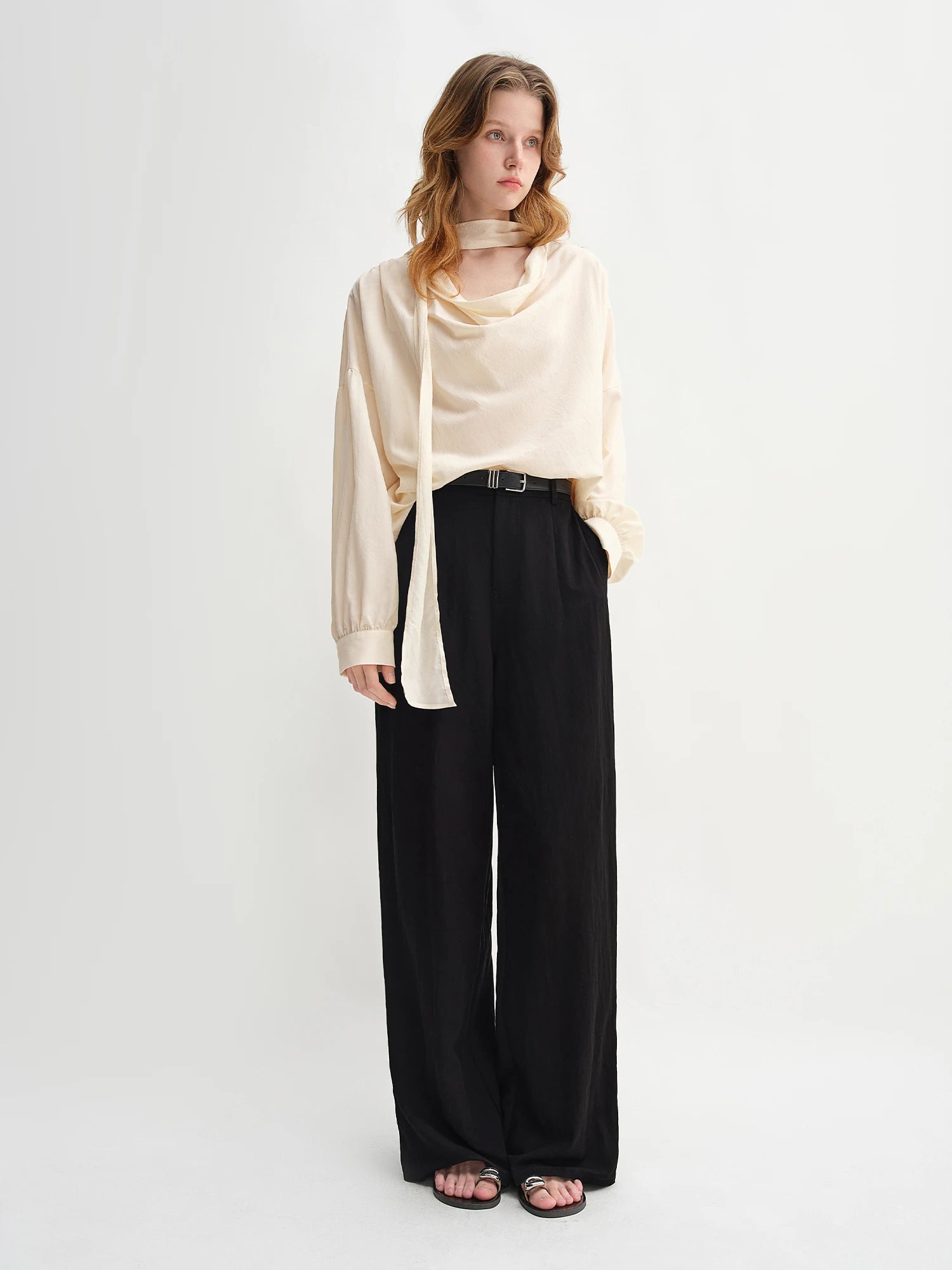 DUSHU Autumn 2025 Women's Drop Shoulder Top - Moonlight-inspired Ribbon Trim Lyocell Blend Elegant Loose Fit Casual Blouse