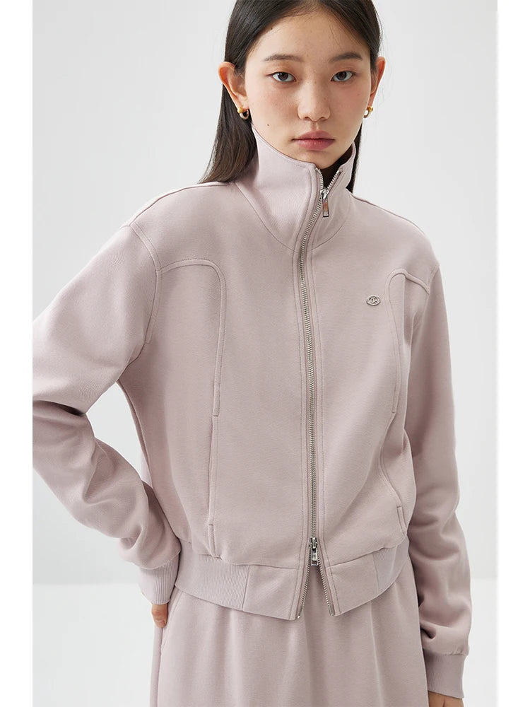 ZIQIAO Cozy Style Double Zipper Casual Pink Sweatshirt Suit for Women Spring 2024 New Long Skirt Two-piece Set Female 24ZQ91102
