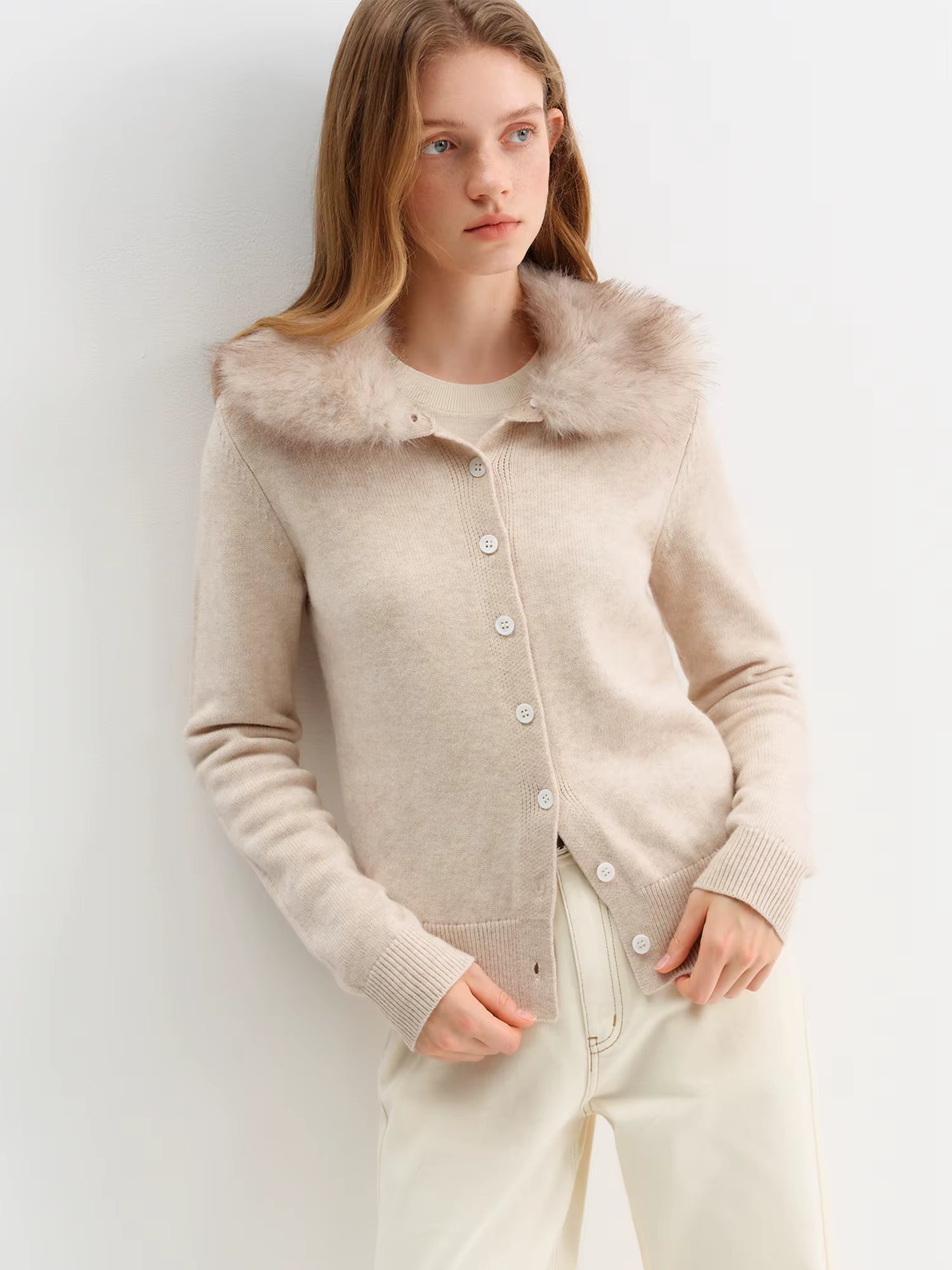 2025 Winter Women's Faux Fur Collar Knit Cardigan Long Sleeve Round Neck Coat Simple Commute Cozy Oversized Open Front