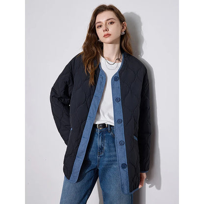 TOYOUTH Women Cotton Jacket 2024 Autumn Winter Denim Patchwork Single Breasted Button Round Neck Lightweight Warm Jacket Coat