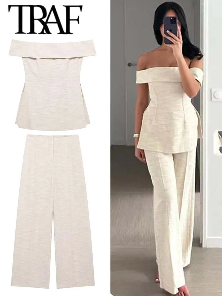 TRAF Women 2 Piece Set 2024 New Fashion Back Zipper Crop Top+High-Waisted Zip-up Casual Slim Wide Leg Pants Sets Women Outfit