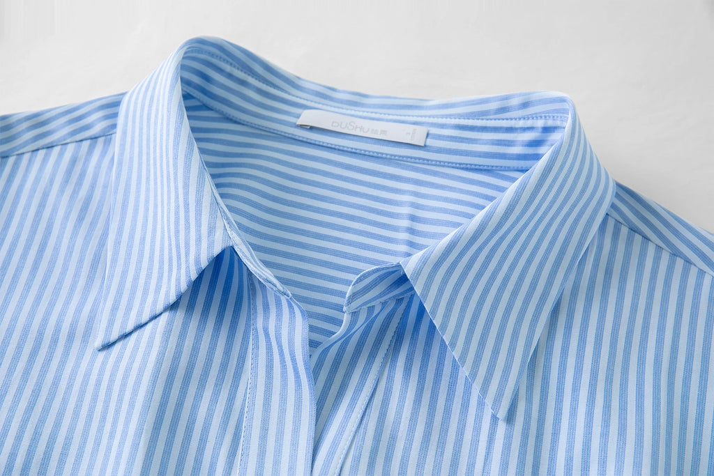 DUSHU Blue and White Striped Design Pleated Three-quarter Sleeve Waist Shirt Dress 2025 Autumn