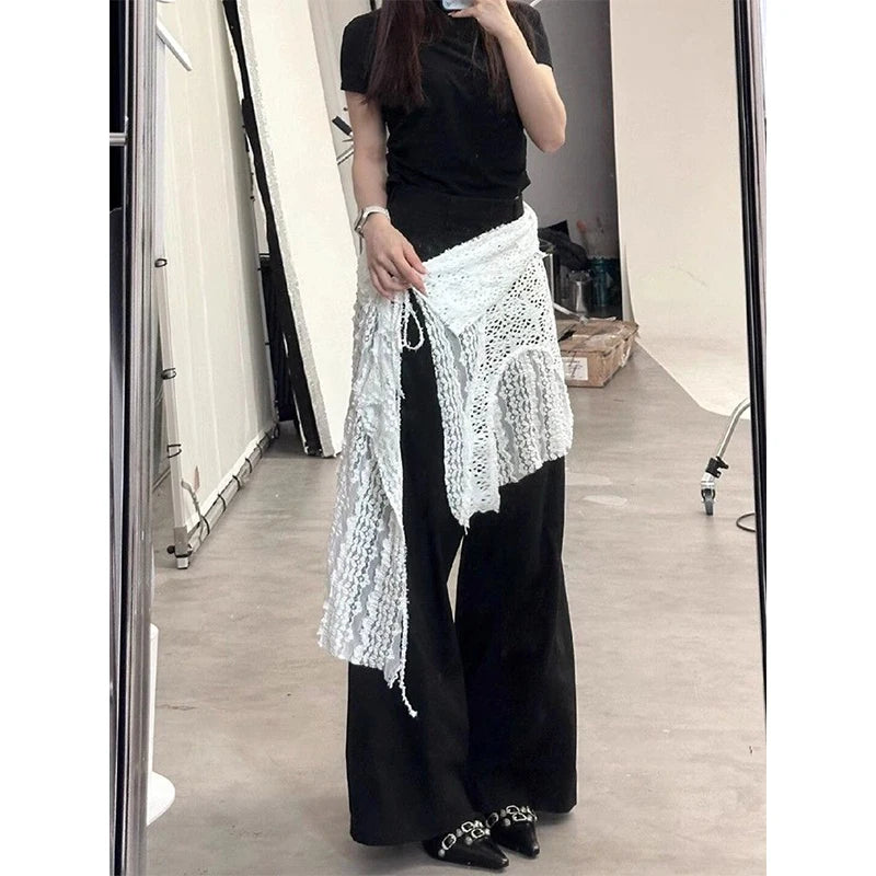 MEXZT Y2K Irregular Mini Skirts Women Harajuku Aesthetic White Lace Tulle Bandage Skirt Japanese Vintage Hollow Out Faldas New