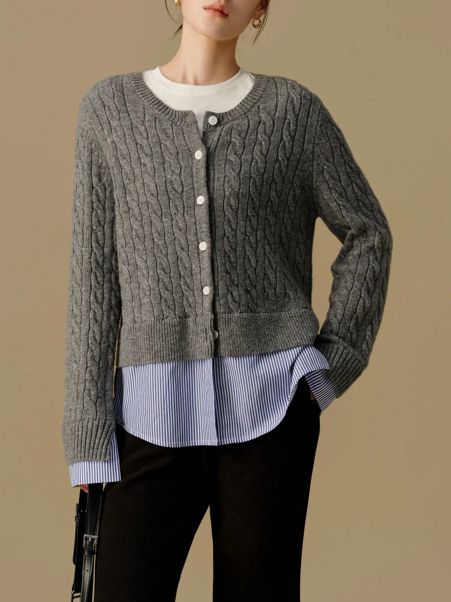 DUSHU 31.2% Wool Women Grey Cardigans Parchwork Stripe Design Female Winter Coat Tops Women Round Neck Wool Coats 24DS84448