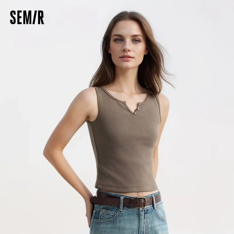 Semir Vest Female Short Knitted Inside Ride High Ladies 2024 Summer New Tight Solid-Coloured Blouse Hundred Temperament