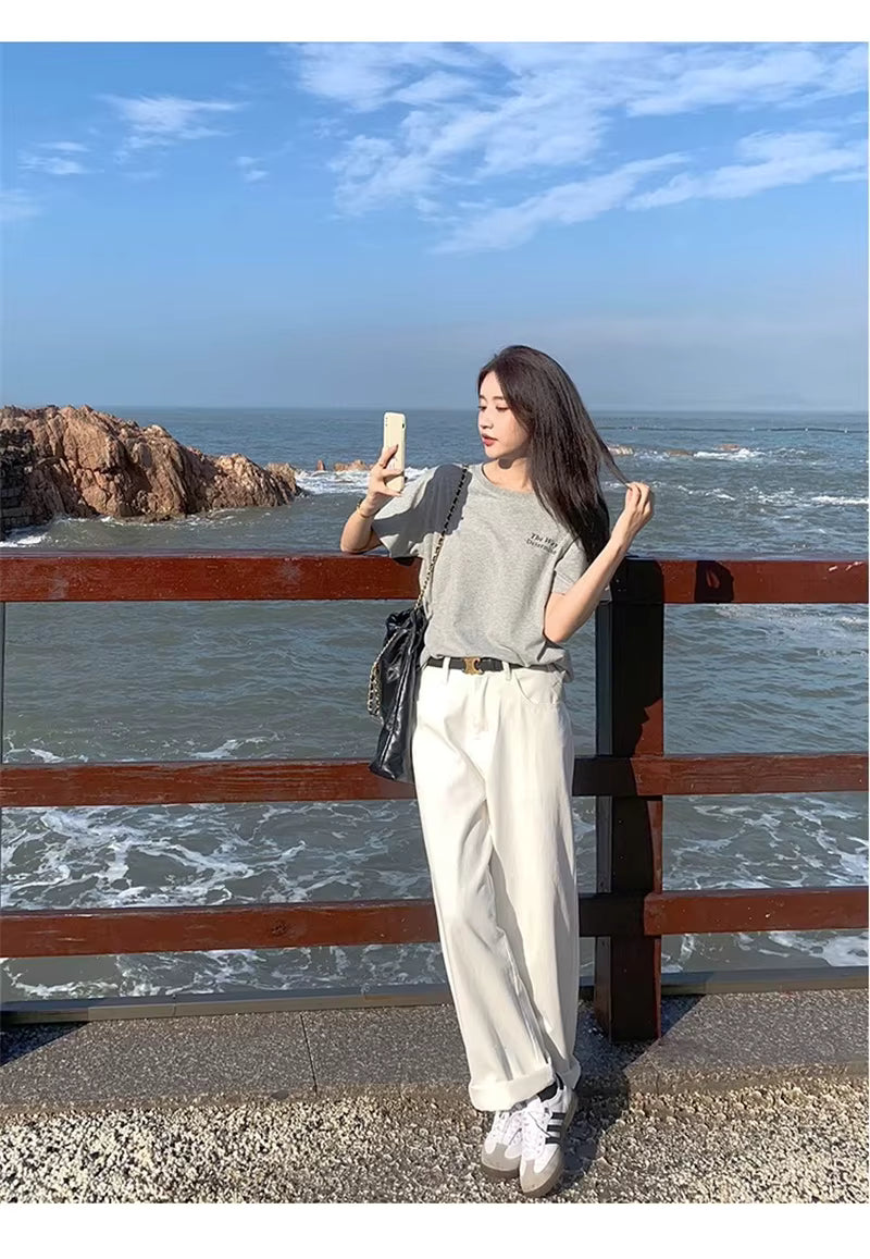 Loose White Wide Leg Jeans Women Drape High Waist Straight Wide Leg Pants Mopping Pants