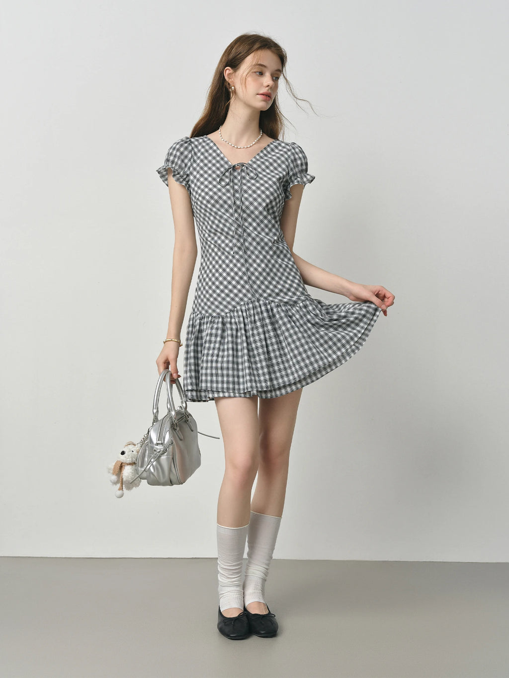 FSLE 2025 Summer Plaid Dress - Black White Textured Ruffle V-Neck Short Flattering Silhouette Office to Party