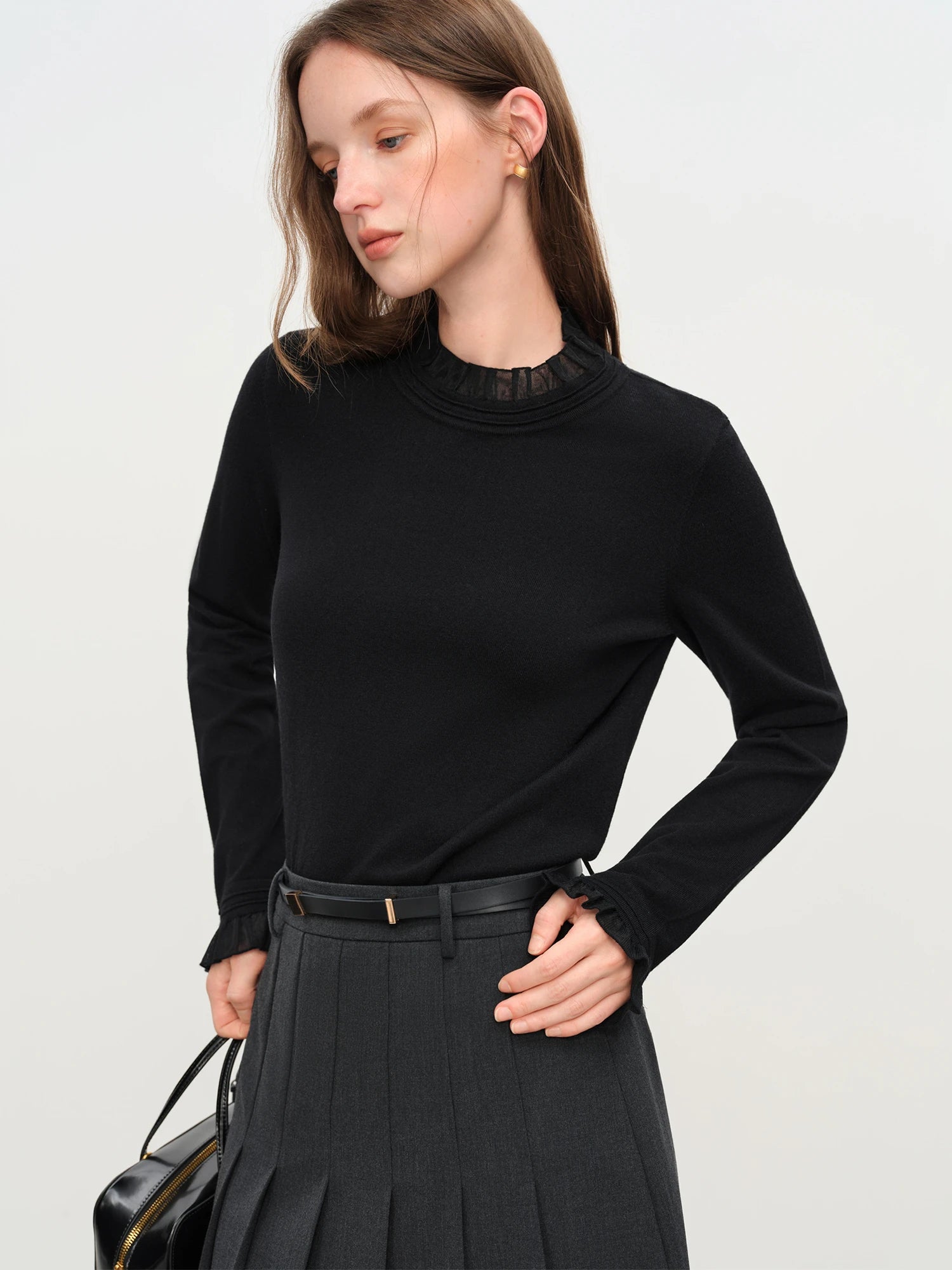 2025 Women's Mock Neck Knit Top - Ruffle Trim Detail Layering Staple Autumn Winter Base Layer with Soft Stretch Fit