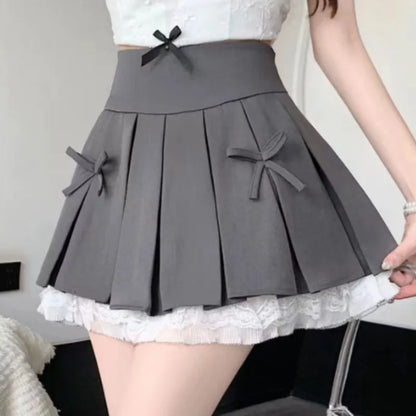 Preppy Style Skirts for Women Mini Pleated Bow Sweet Girls A-line Summer Fashion Clothing High Waist Ins Korean Lace Patchwork