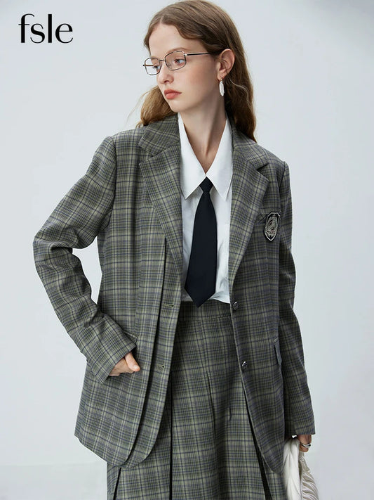 FSLE Blue Grey Temperament Plaid Suit Sets Notched Collar Double Placket Design Stright Blazers Long Pleated A-LINE Women Skirts