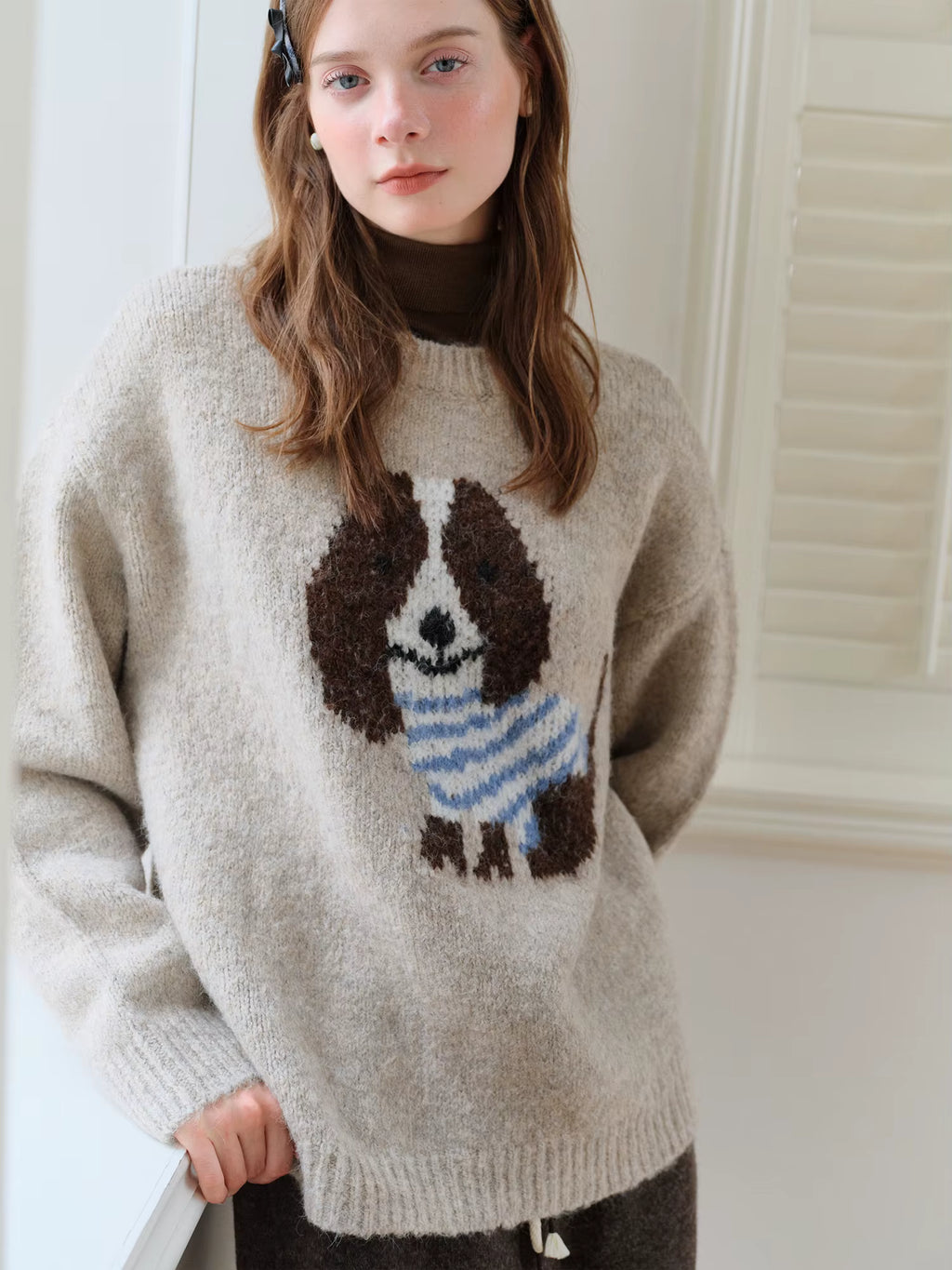Round Neck Wool Cartoon Puppy Pattern Knitted Sweater Top for Women New Winter 2025 Style Age-reducing Leisure