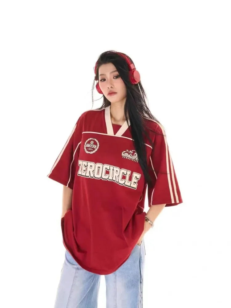 Deeptown American Retro Red Oversized T-shirt Women Summer 2024 Korean Fashion Streetwear Striped Loose Short Sleeve Tee Top