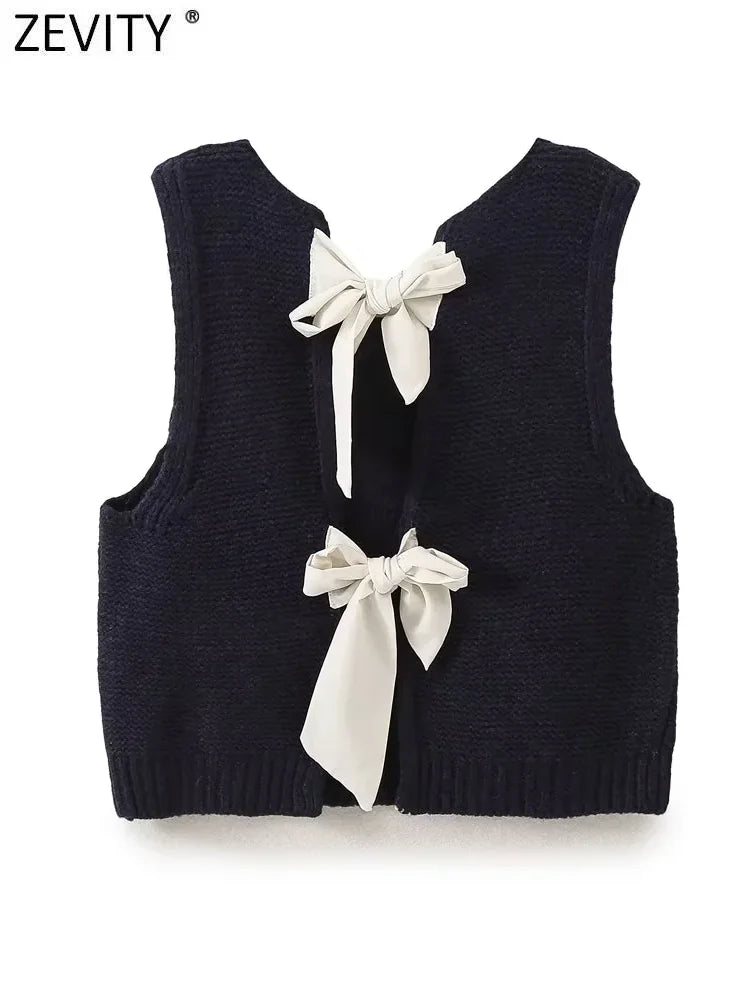 Zevity New Women Fashion Sleeveless Back Bow Tied Design Short Knitting Vest Sweater Female Chic Waistcoat Pullovers Tops SW6257