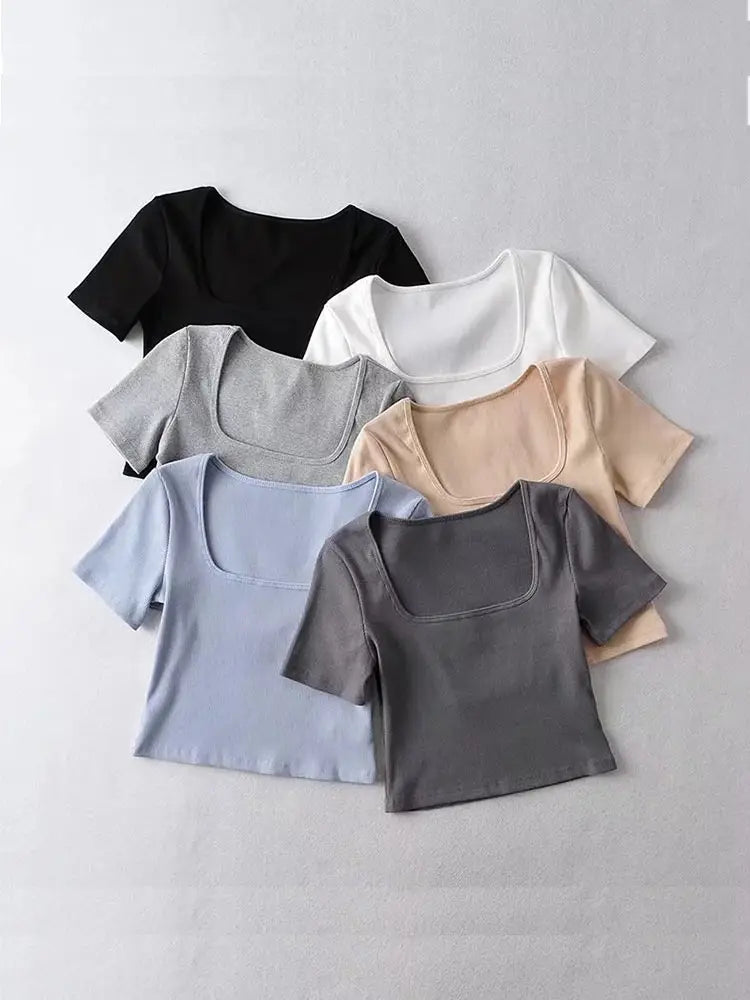 Women Square Neck Rib Crop T-shirt Short Sleeve Crop Top