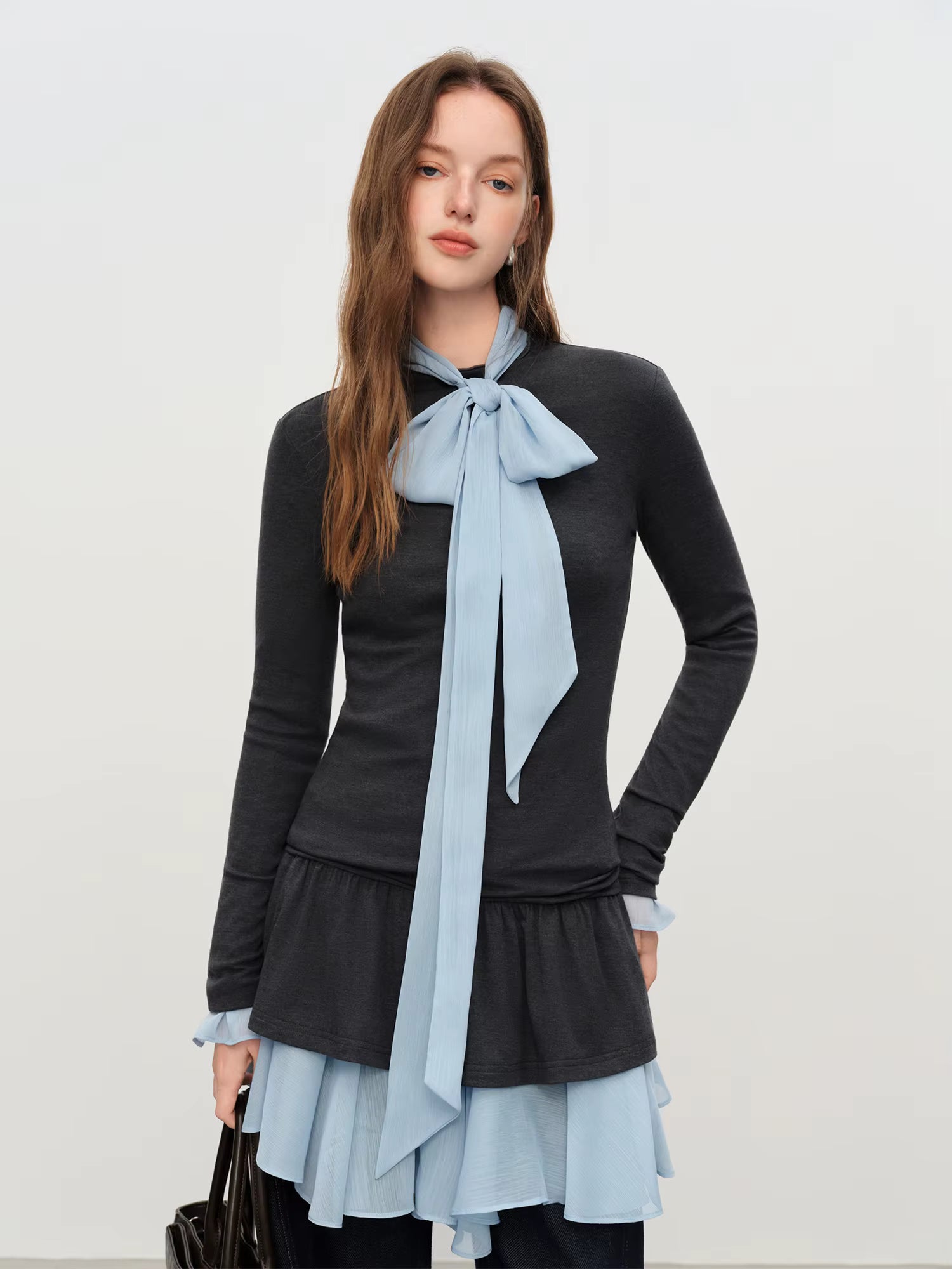 Korean Ballet Style Ruffled T-shirt Women's 2025 Autumn and Winter Chiffon Ribbon Shirt Layered Two-piece Suit