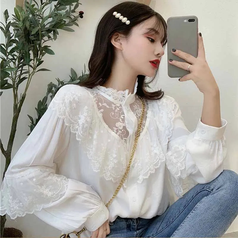 Fashion Ruffled Autumn Lace Up Women Blouses Stand Collar Ladies Tops Vintage Lace Shirts Korean Sweet Loose Clothes Women 11335