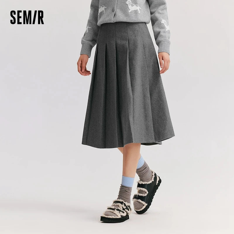 Semir Skirt Women Imitation Woolen Simple Versatile Fashionable 2024 Winter New Solid Color A-Line Pleated Skirt Literary Skirt