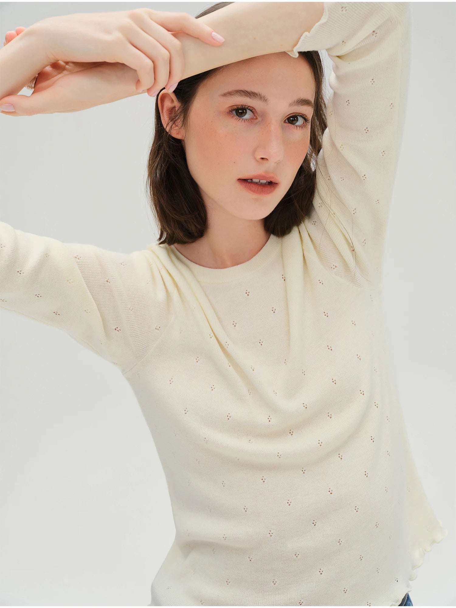 DUSHU Autumn 2025 Women's Round Neck Knit Top - Eyelet Trim Lace Edge Ribbed Texture Office Casual Blouse with Loose Fit