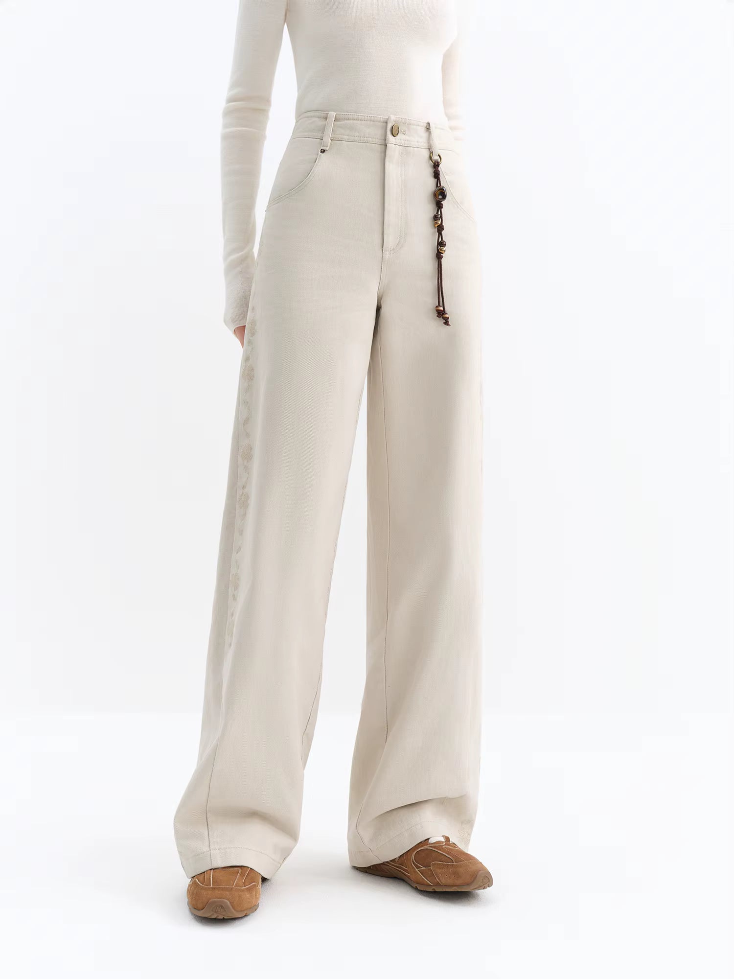 2025 Winter Women's Vintage Washed Embroidered Banana Jeans Curved High Waist Wide Leg Trousers Slim Fit Retro Pants