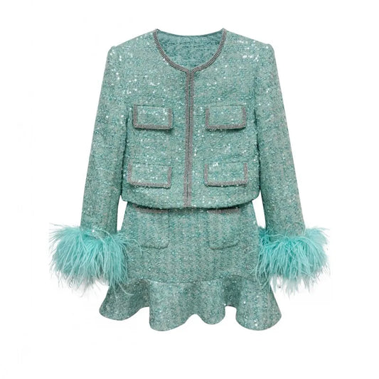 Autumn Winter Coarse Tweed Green Feather Sleeves Sequin Two Piece Set Women Jackets Coats Fishtail Short Skirts 2pcs Outfits