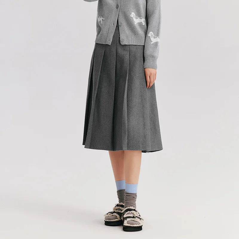 Semir Skirt Women Imitation Woolen Simple Versatile Fashionable 2024 Winter New Solid Color A-Line Pleated Skirt Literary Skirt