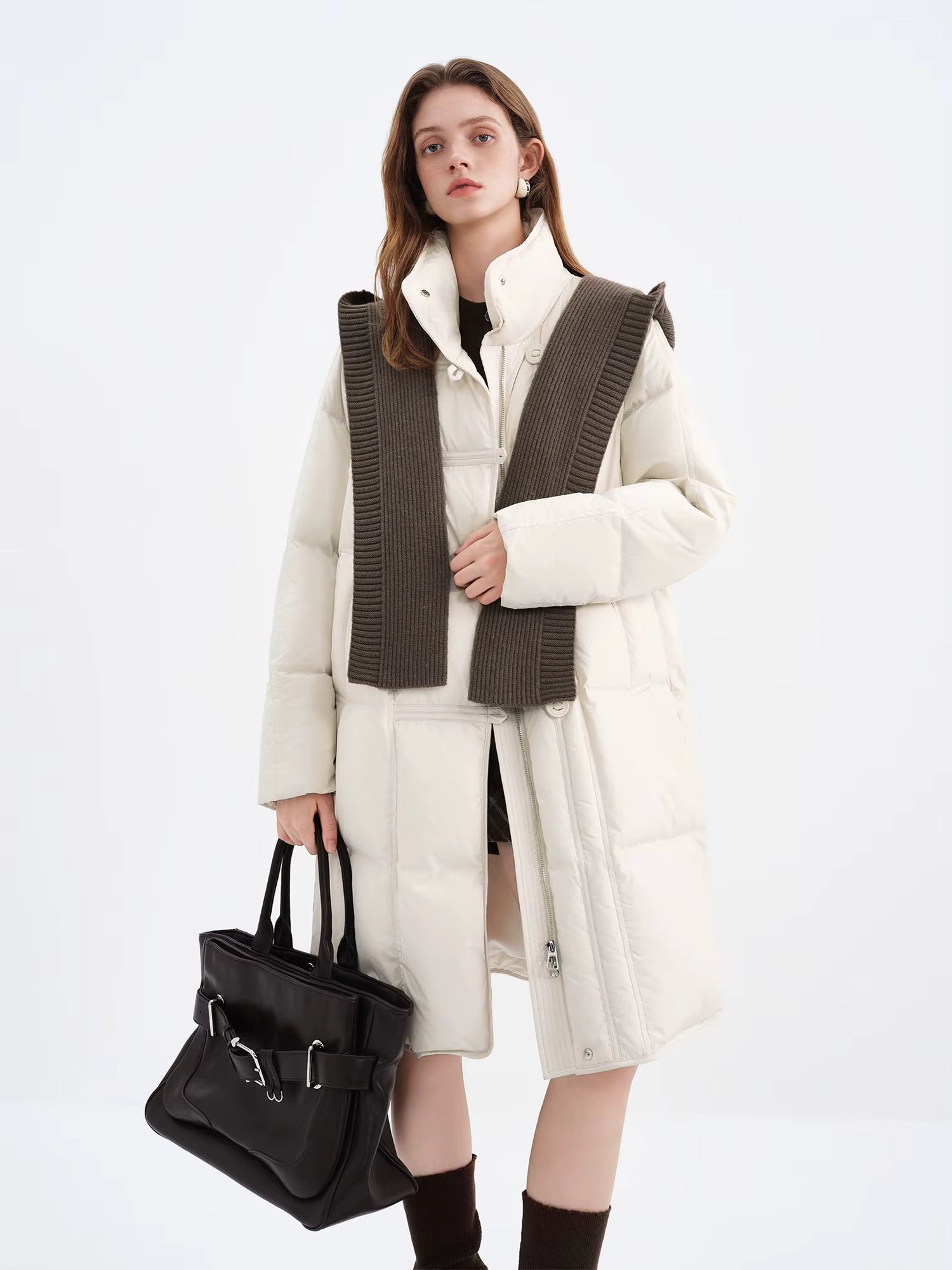 Standing Collar Detachable Knit Hat Fitted Waist Down Jacket for Women Winter 2025 New Collection 90% White Duck Down Coats