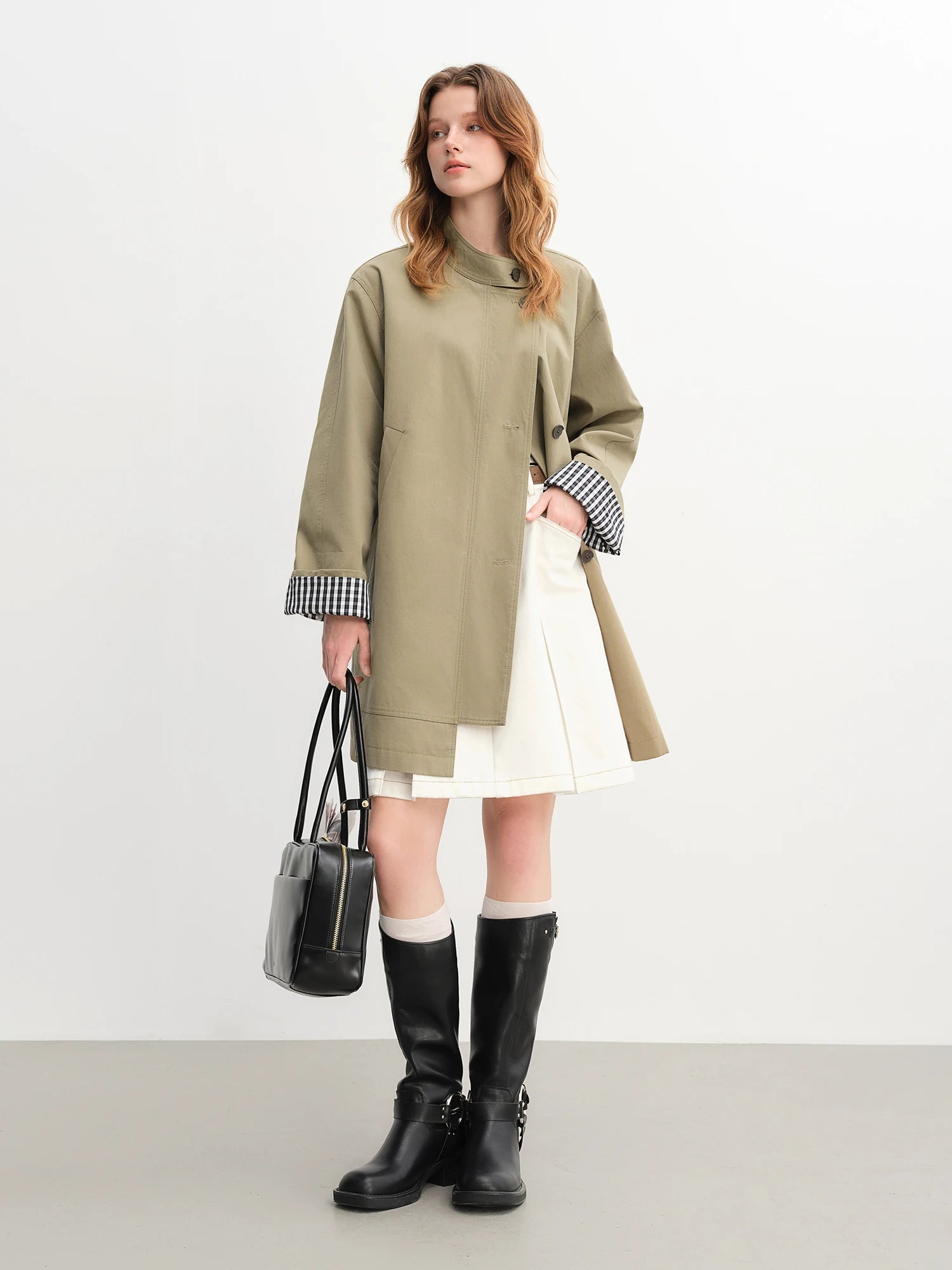 DUSHU Autumn 2025 Women's Stand Collar Trench Coat - Relaxed Fit Plaid Patchwork Loose Outerwear Casual Windbreaker Top