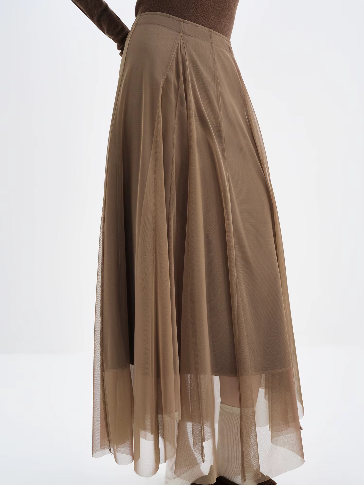 2025 Winter Women's Asymmetrical Hem A-Line Chiffon Skirt in Brown - Flowy Long Maxi Skirt with Draped Design for Casual