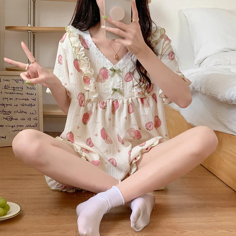 Pajama Mujer Strawberry Print Sleepwear Set Short Sleeve Top+Shorts Ruffle Homewear Skin-Friendly Breathable