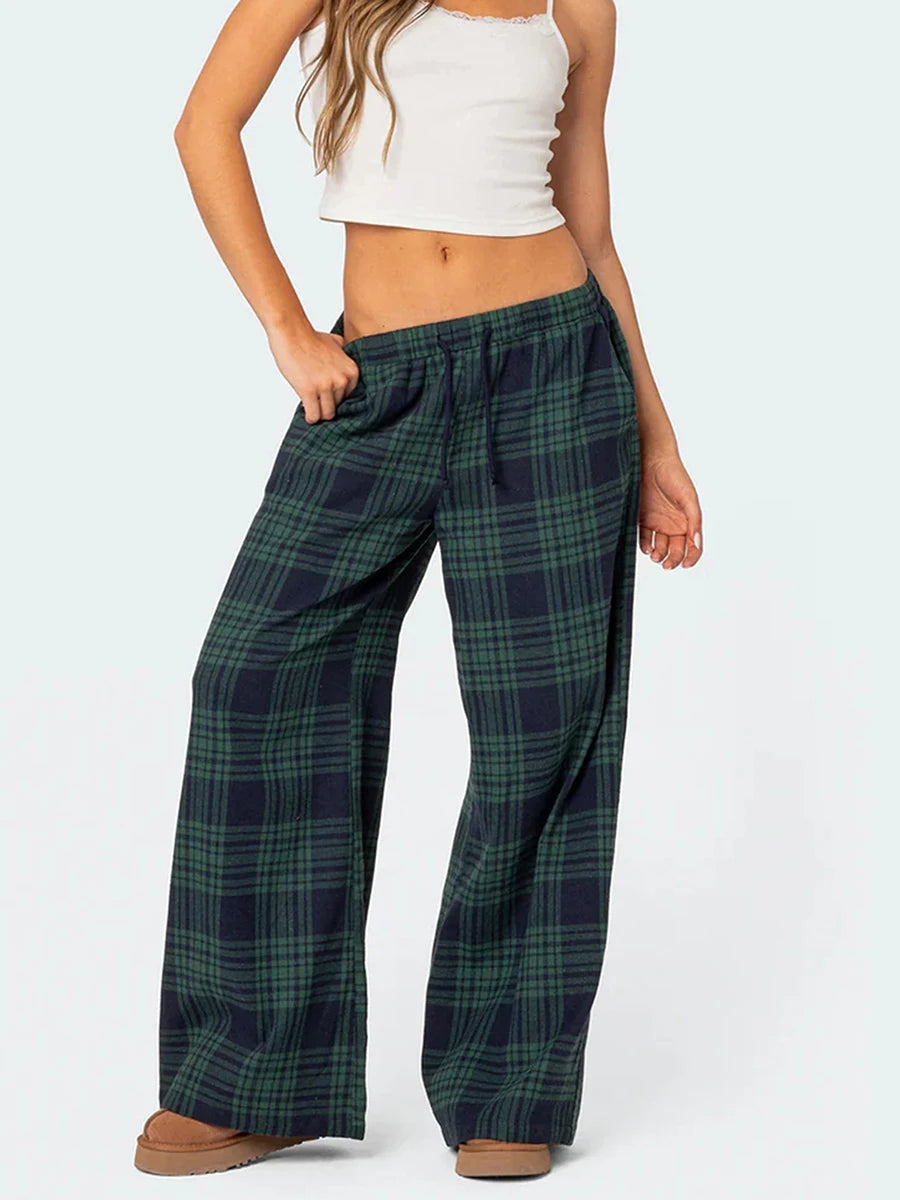 Mxiqqpltky Plaid Pants for Women Casual Pajama Pants Elastic High Waist Slim Wide Leg Cute Pj Pants Pajama Bottoms Loungewear