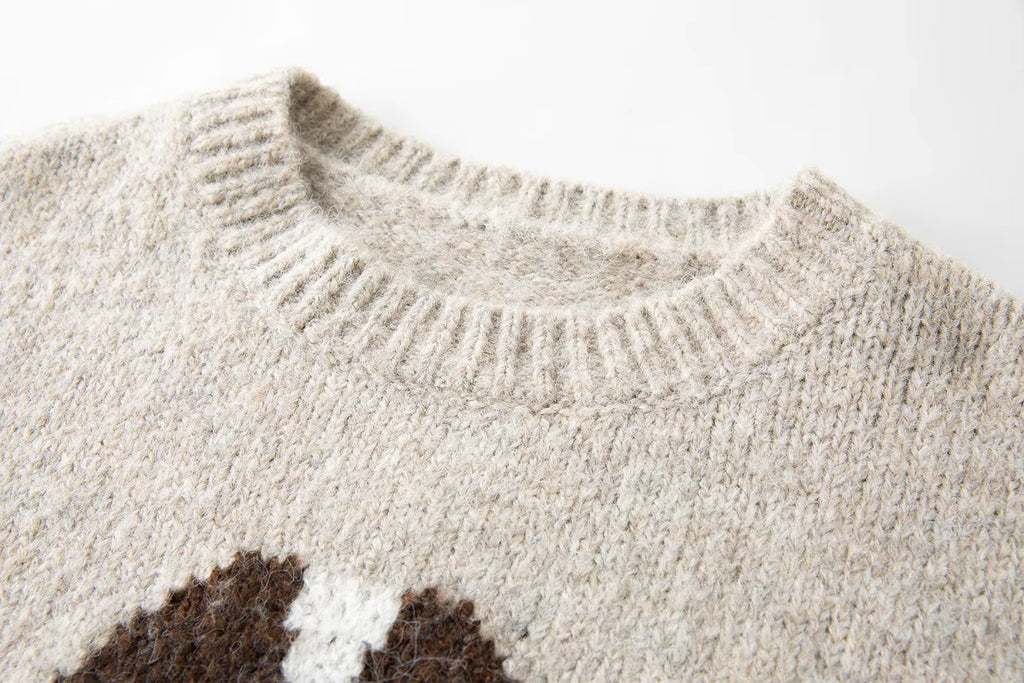 Round Neck Wool Cartoon Puppy Pattern Knitted Sweater Top for Women New Winter 2025 Style Age-reducing Leisure