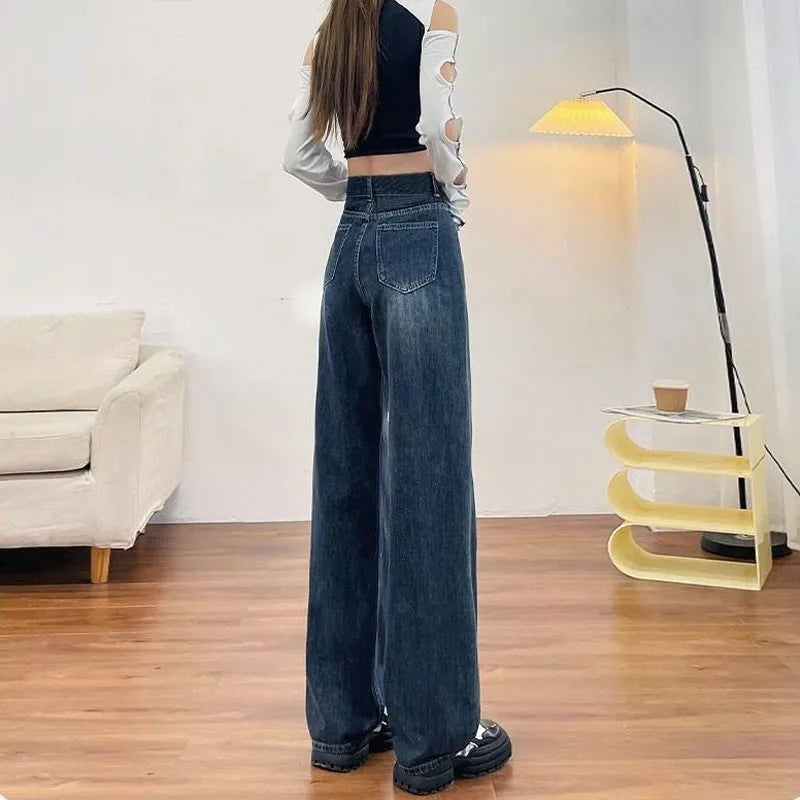 Loose Straight Leg Jeans Women's Front Pocket Design High Waist Floor Female Trousers American Wide Leg Long Pants Classic