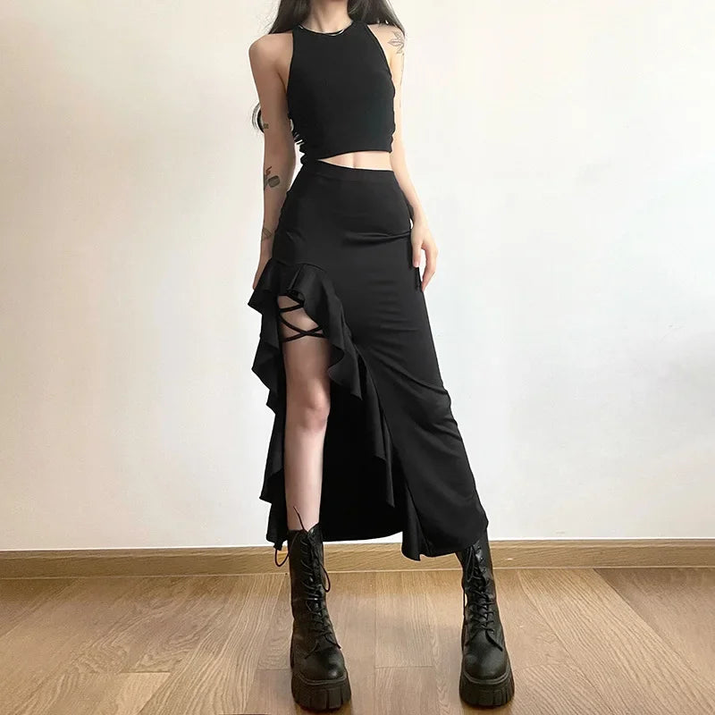 Gothic Black High Waist Bodycon Mid Skirt E-Girl Punk Ruffles Split A-Line Skirts Y2K Fashion Women Streetwear Bottoms