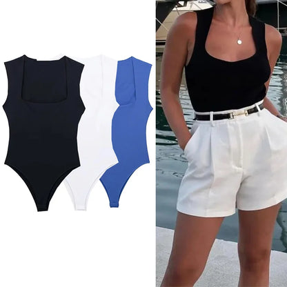 TRAF 2024 Black Woman Body Square Neck Sleeveless Bodysuit Women Blue White Sexy Tight Bodysuit Lingerie Bodycon Summer Tops