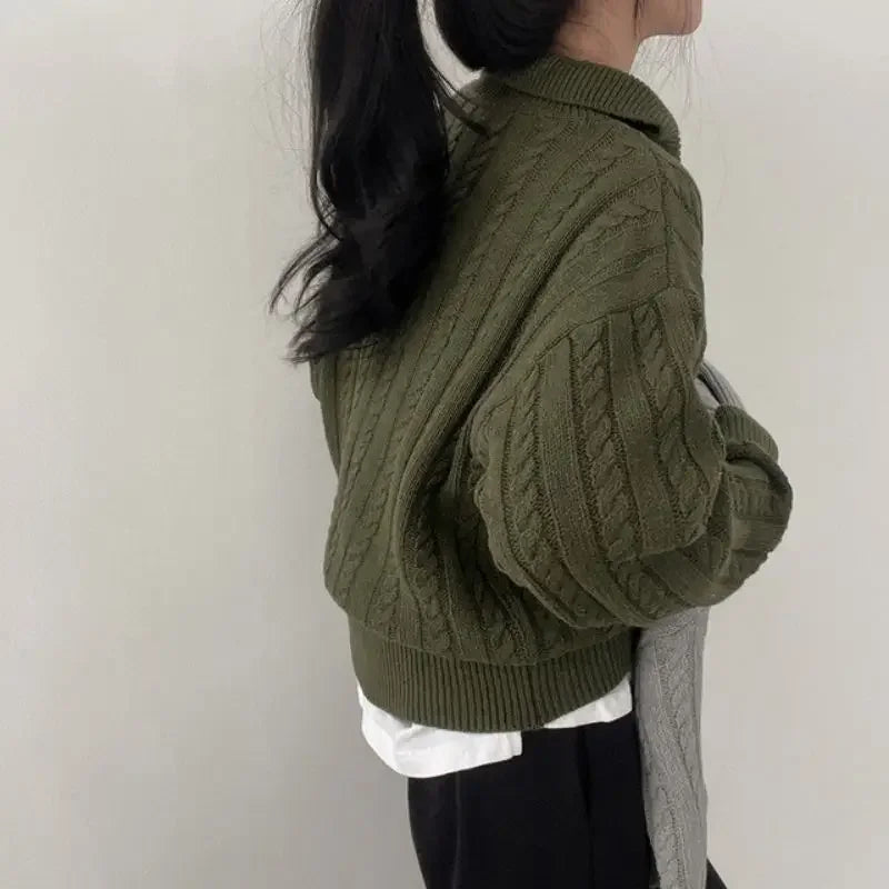 Deeptown Korean Fashion Half Zipper Sweaters Women Vintage Twisted Knitted Crop Pullover Casual Sueter Mujer Long Sleeve Tops