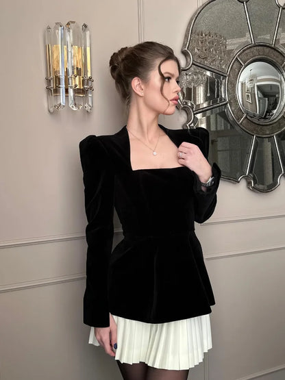 Elegant Black Velvet Long Sleeves Mini Dress Women Fashion Square Neck Pleats Splicing High Waist Dresses Lady Chic Short Robes