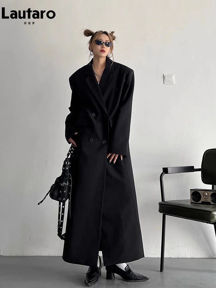 Lautaro Spring Autumn Long Grey Black Trench Coat for Women Double Breasted Loose Casual Korean Fashion Clothing Blazer 2023