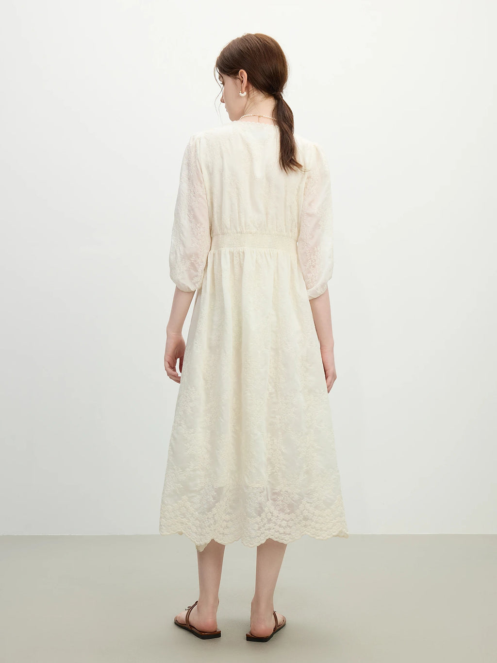 FSLE French Jacquard Lace Maxi Dress 2025 Summer Waist-Defining Sheer Tulle Elegant Beach to Gala Formal Wear