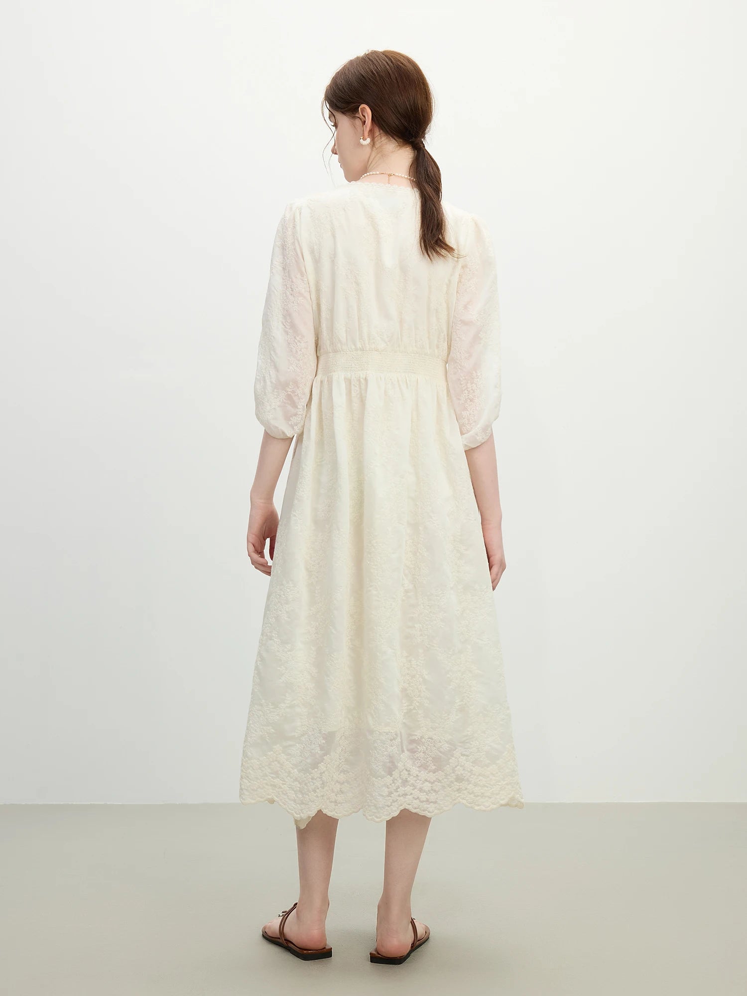 FSLE French Jacquard Lace Maxi Dress 2025 Summer Waist-Defining Sheer Tulle Elegant Beach to Gala Formal Wear