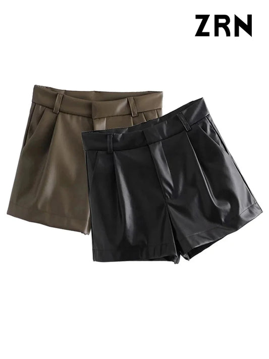 ZRN-Women's Faux Leather Shorts with Side Pockets, High Waist, Zipper Fly, Female Short Pants, Chic Fashion