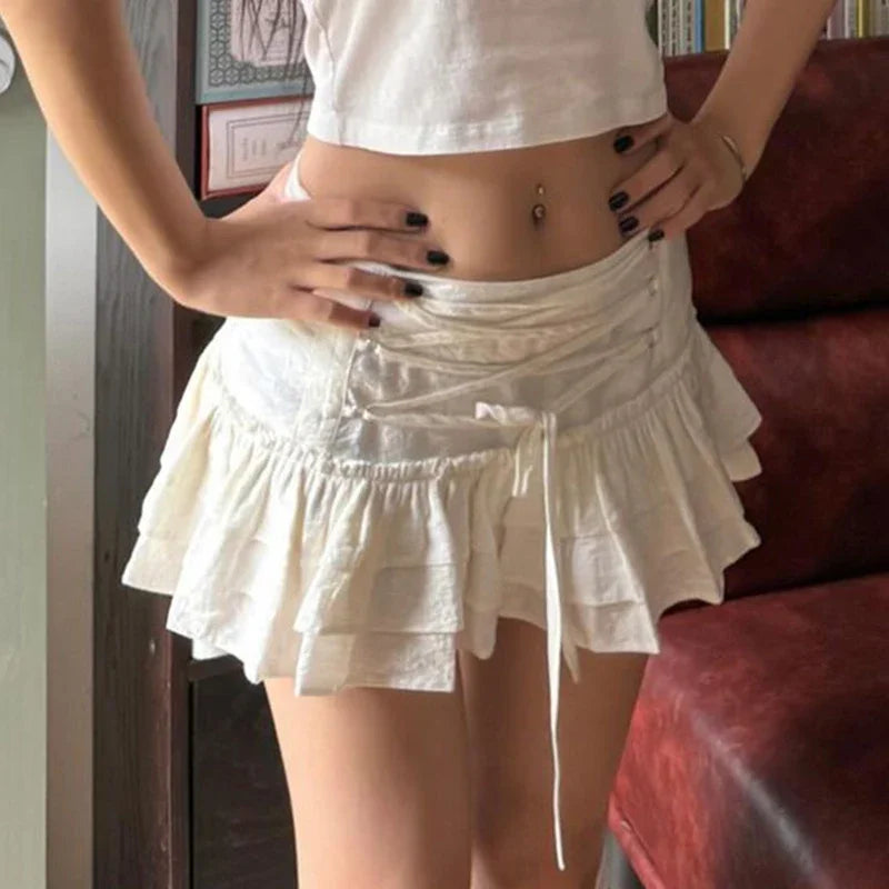 Lace-up High Waist Mini Skirts White Holiday Casual Kawaii A-line Skirt Sweet Bottoms Japanese