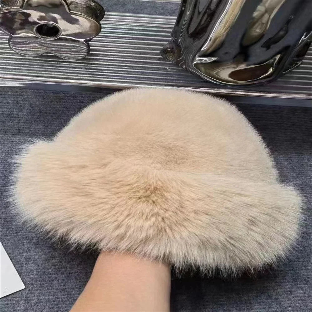 Korean Fashion Hat Women's Winter New Thick Warm Imitation Fur Simple Fisherman's Hat Imitation Mink Fur Ladies Mongolia Cap