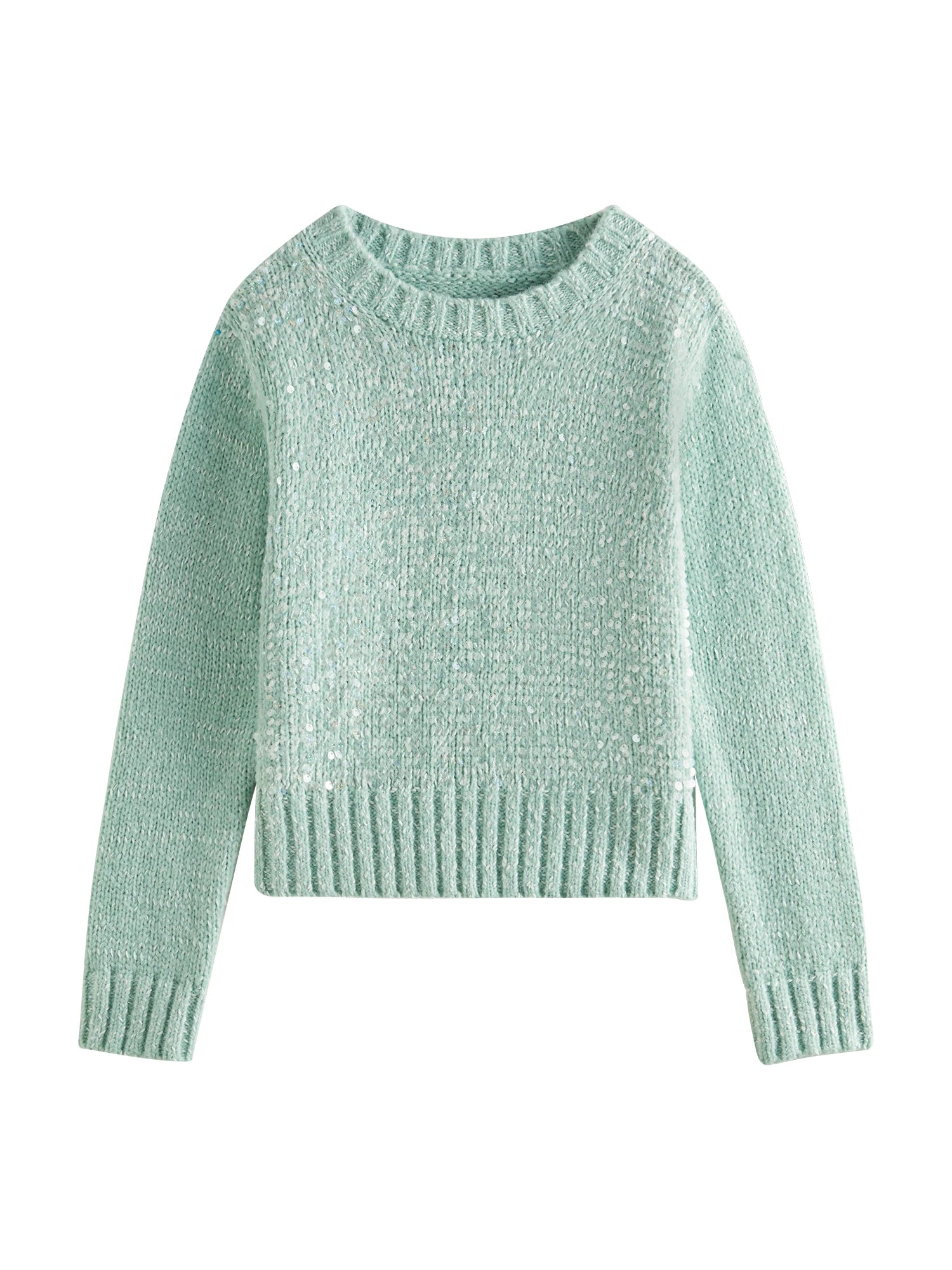 FSLE 5.9% Sheep Wool Sequined Knitted Sweater For Women Winter 2024 New Design Two Colors Long Sleeve Pullover 24FS14254