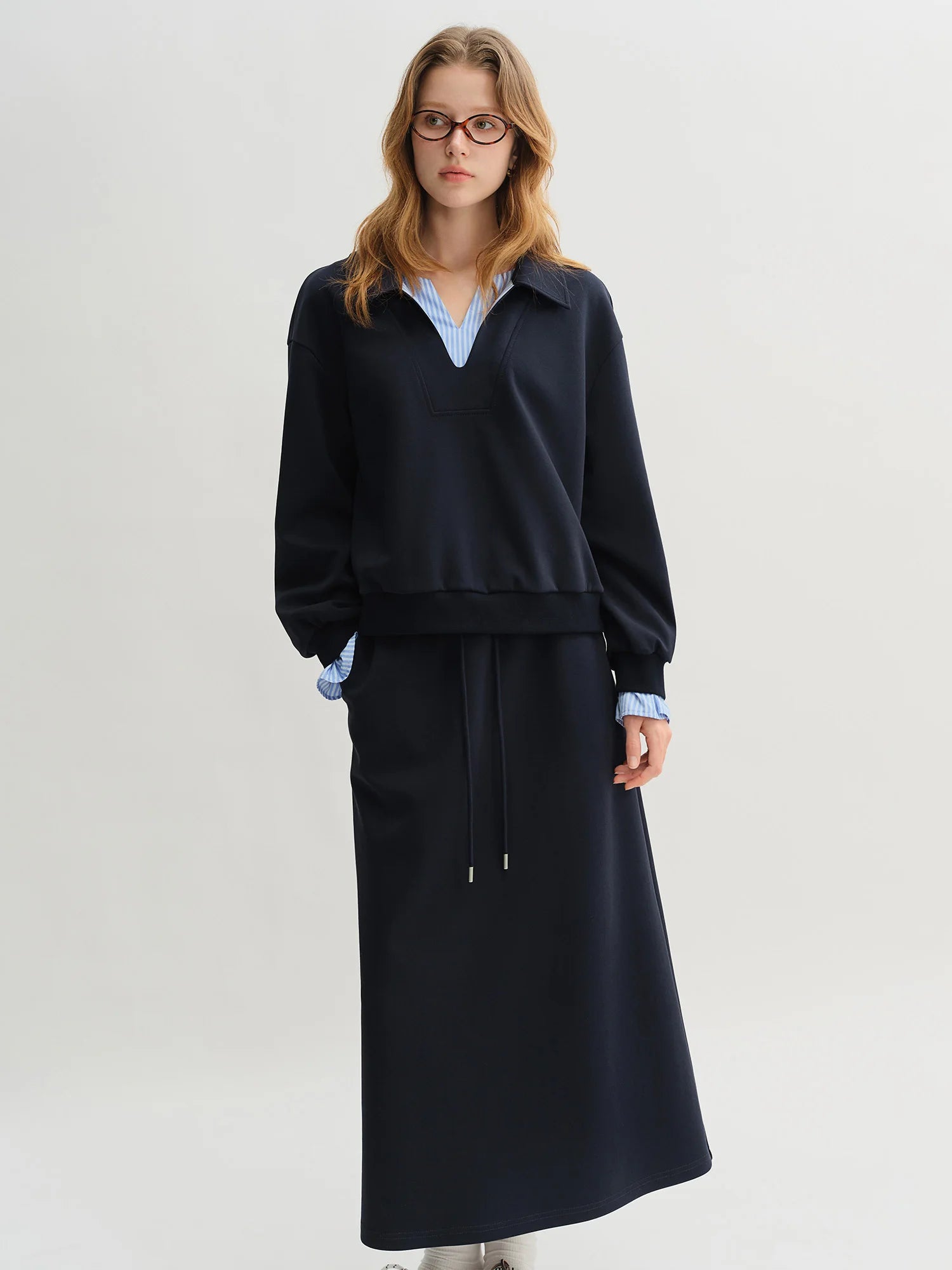 DUSHU Plus Size Navy Blue Long Sleeve Top Skirt Fashion Set 2025 Autumn New Arrival Splicing Sweater Skirt