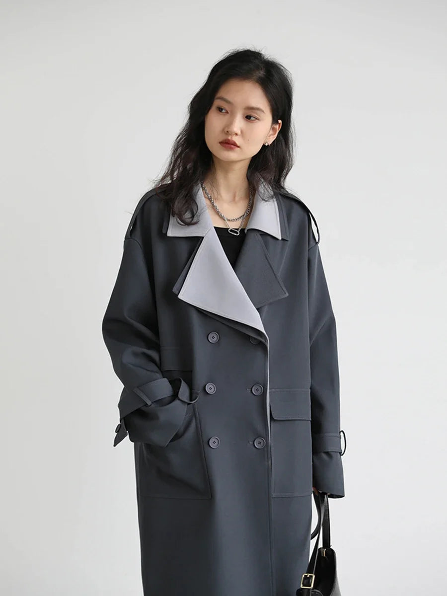 CHIC VEN Women Spliced Trench Coat Korean Loose Turn Down Collar Windbreaker Fashion Long Female Clothes Overcoat Autumn 2023